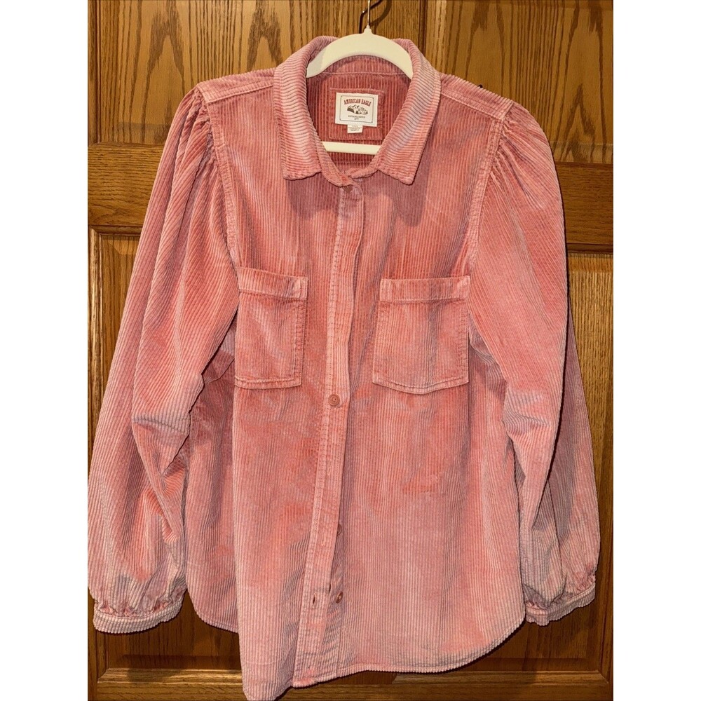 American Eagle Corduroy Shacket Button Down Shirt Lg Women's Pink Peach Barbie